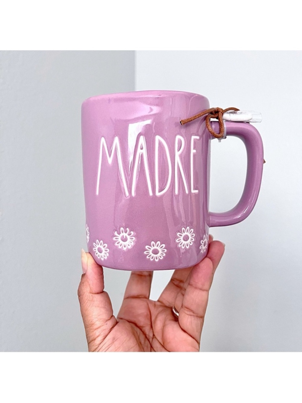 Rae Dunn 'MADRE’ Mauve Pink and White Floral Ceramic Mug
